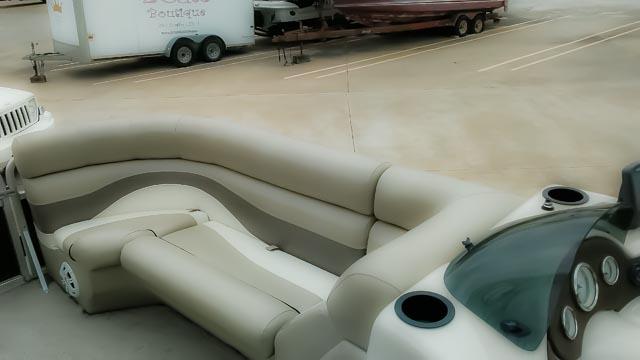 Seats inside a blue pontoon boat rental at Lake Lewisville